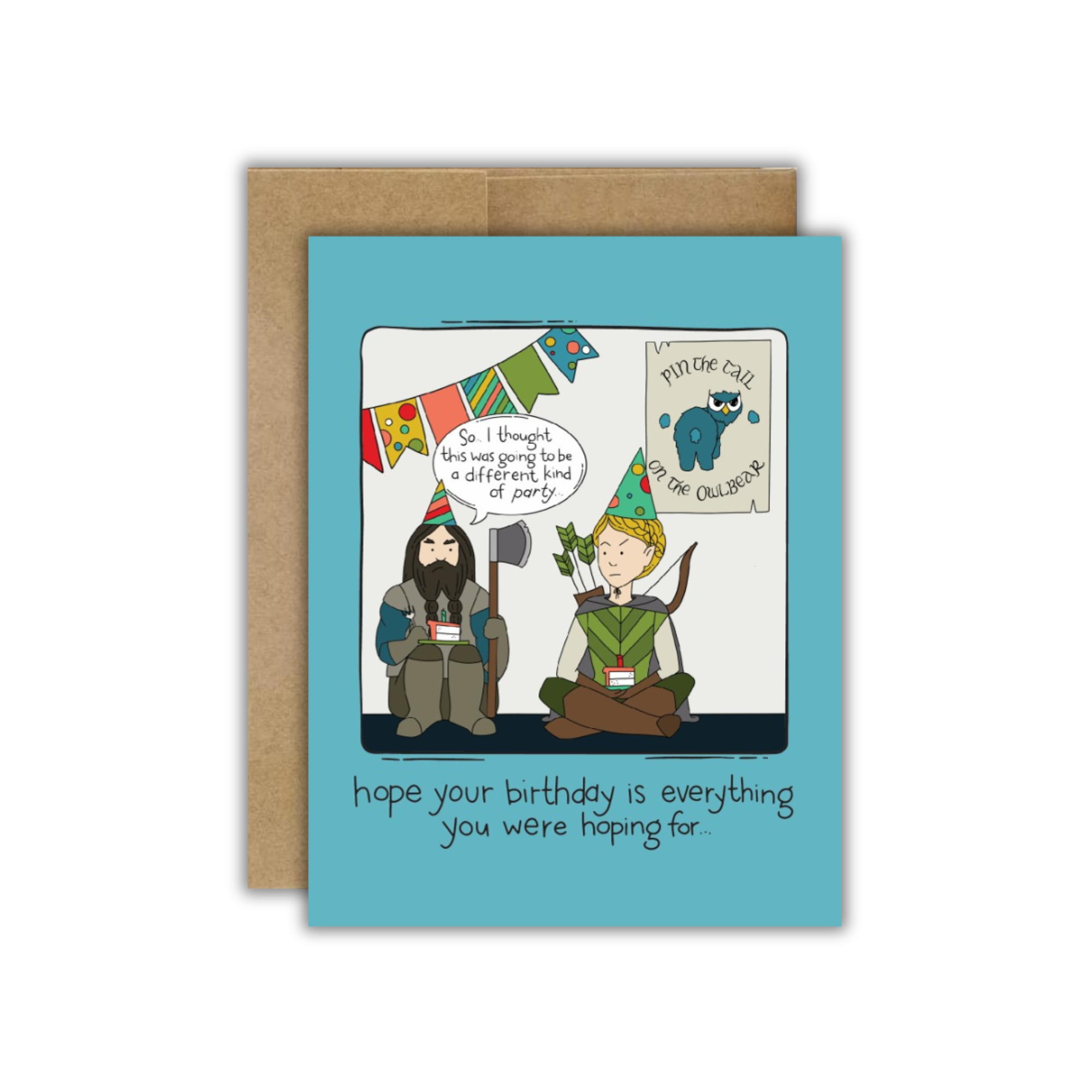 Birthday Party, Not Adventuring Party TTRPG birthday card featuring two people in party hats under banners.