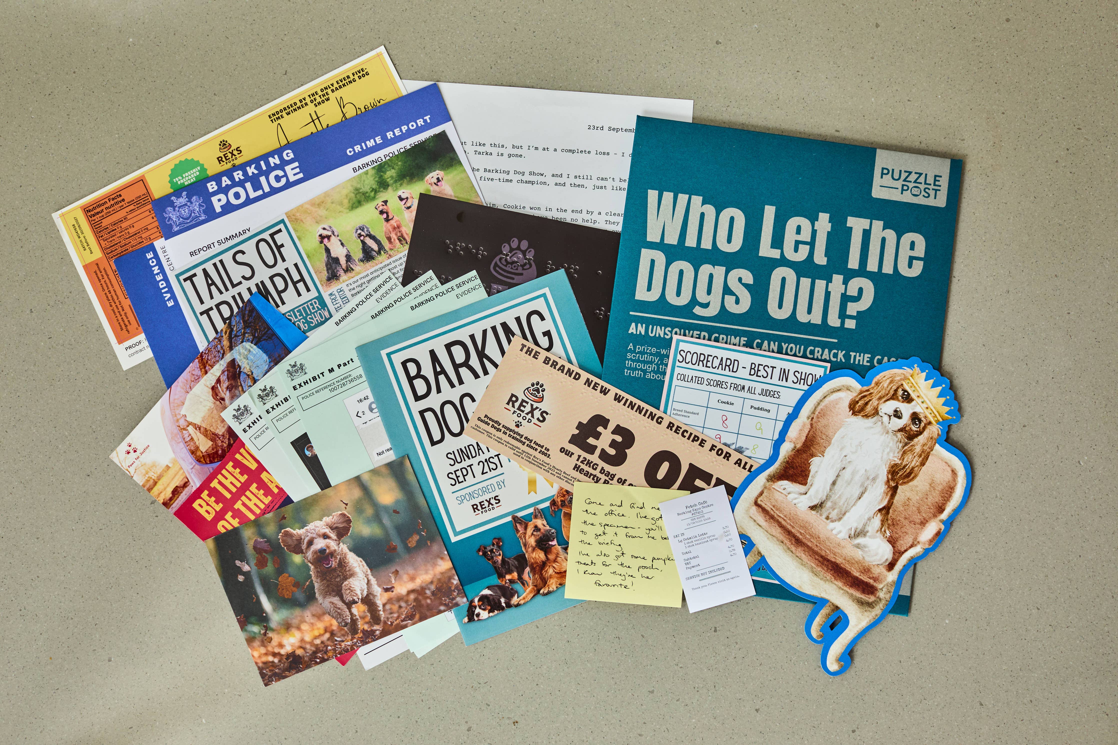 Cold Case: Who Let The Dogs Out? detective game with papers, postcards, flyers, and puzzles.