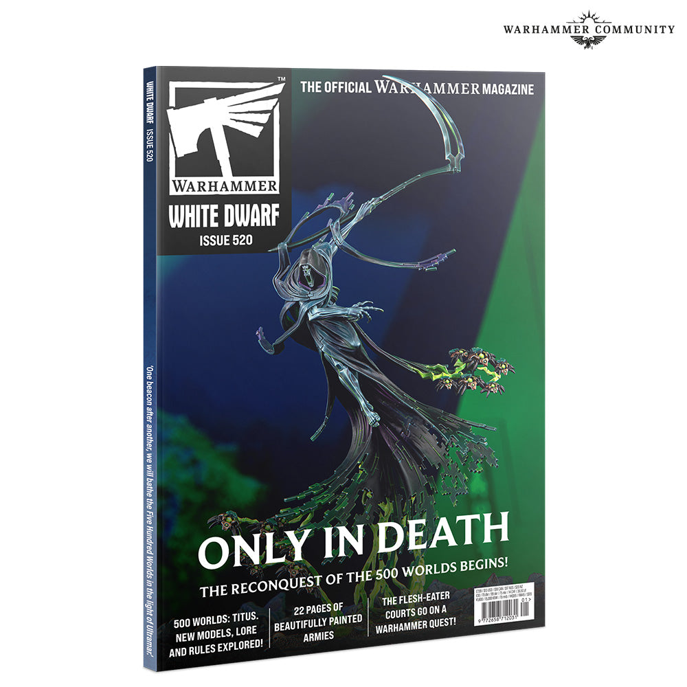 White Dwarf: Issue 520 (January 2026) cover featuring a spectral figure in swirling robes with blue highlights.