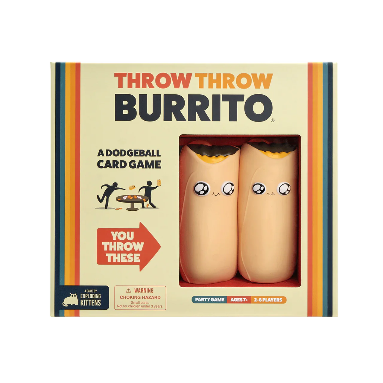 Throw Throw Burrito party card game with throwable burrito toys for ages 7 and up.