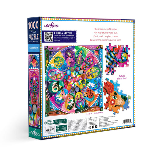 Back of Horoscope 1000 Piece Puzzle box displaying zodiac wheel and mandala designs on a white background.