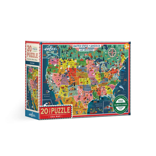 USA Map 20 Piece Puzzle with illustrations of US landmarks for ages 3 and up.