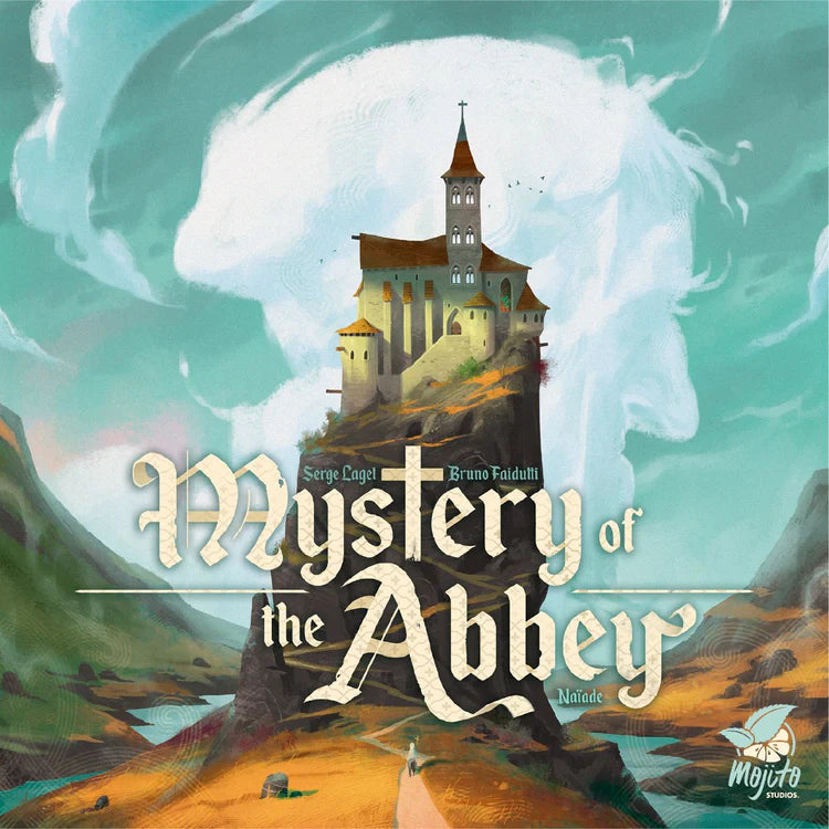 Mystery of the Abbey board game box with title text and medieval abbey illustration on the cover.