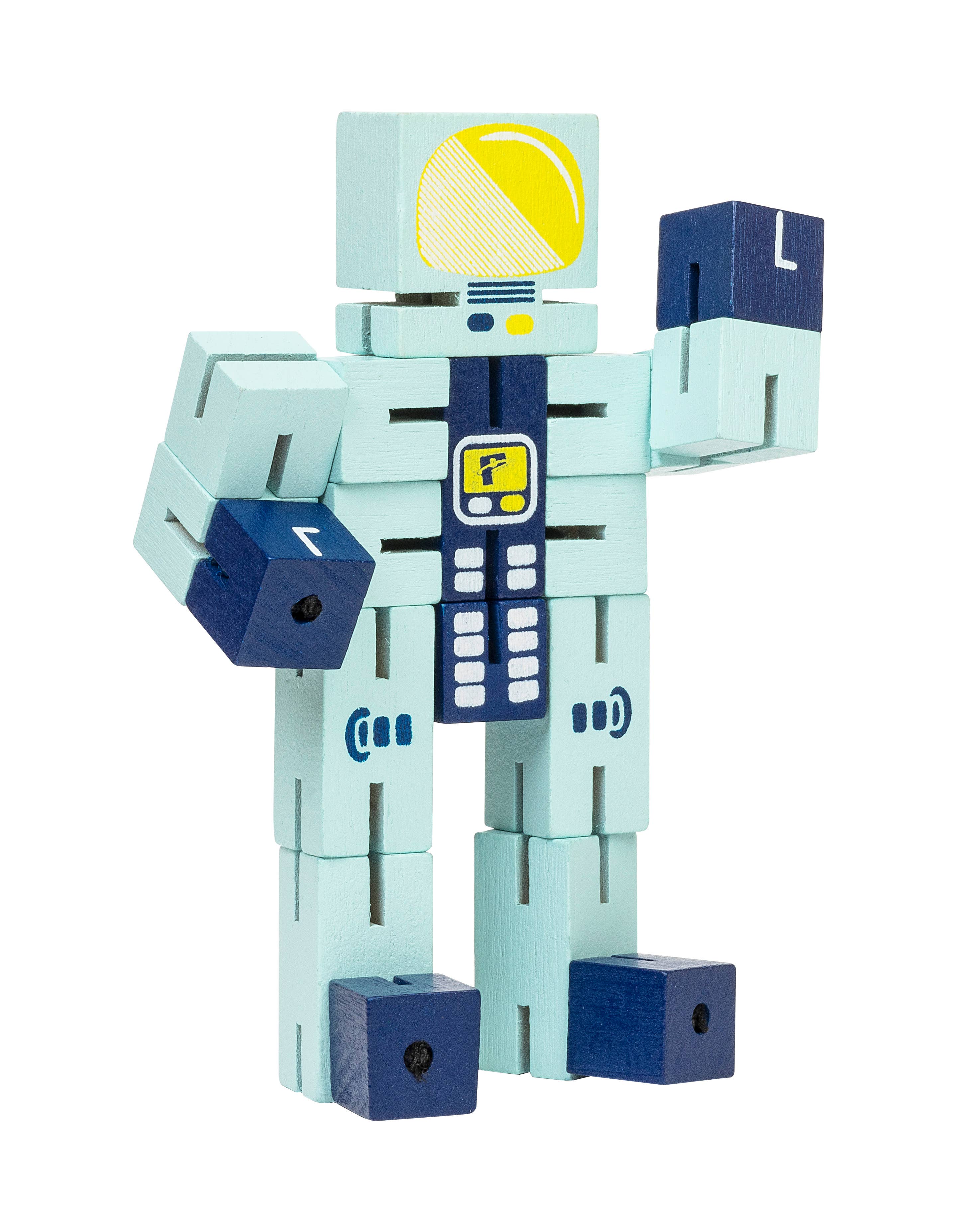 Light blue wooden robot puzzle with dark blue hands, feet, and a yellow astronaut visor.