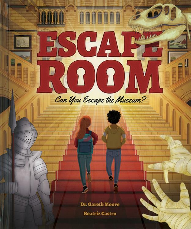 Escape Room: Can You Escape the Museum? Game featuring two kids with backpacks entering a dinosaur skeleton exhibit.