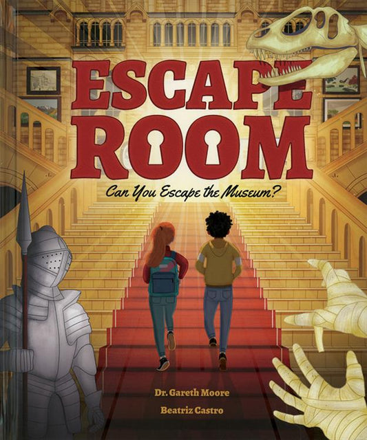 Escape Room: Can You Escape the Museum? Game featuring two kids with backpacks entering a dinosaur skeleton exhibit.
