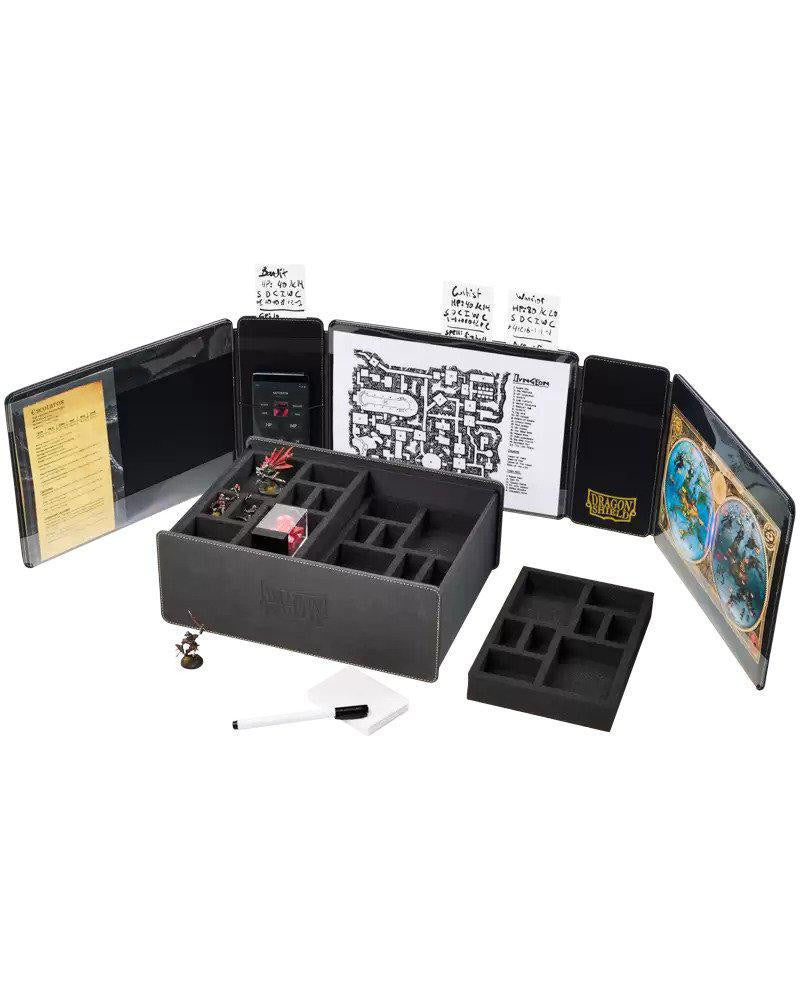 Dragon Shield RPG: Game Master Companion - Iron Grey with maps, dice, cards, miniatures, and a dry-erase marker.