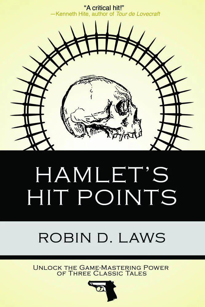 Hamlets Hit Points book cover featuring a skull, story beats, and RPG storytelling toolkit elements.