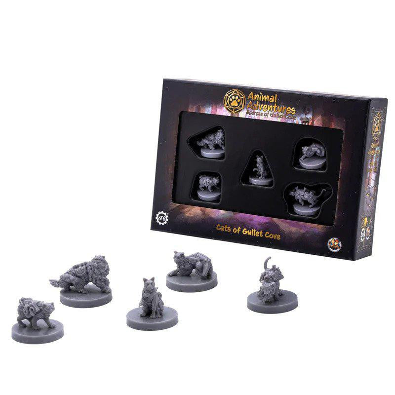 Five Cats of Gullet Cove miniatures with fantasy tabletop roleplaying box set in background.
