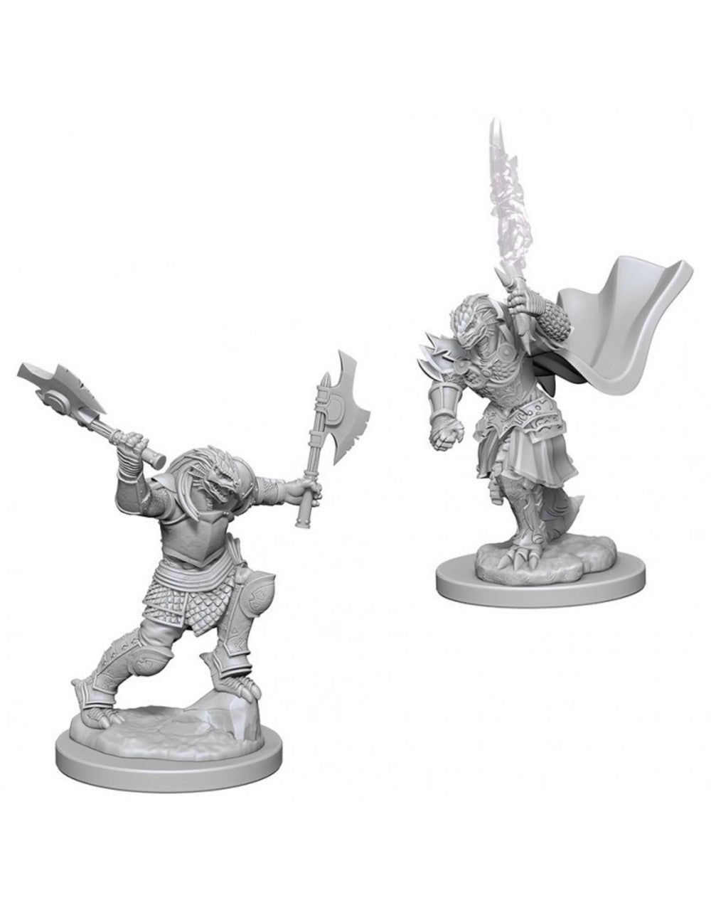 Unpainted Dragonborn Female Fighter mini for D&D, armored, with cape and flaming sword.