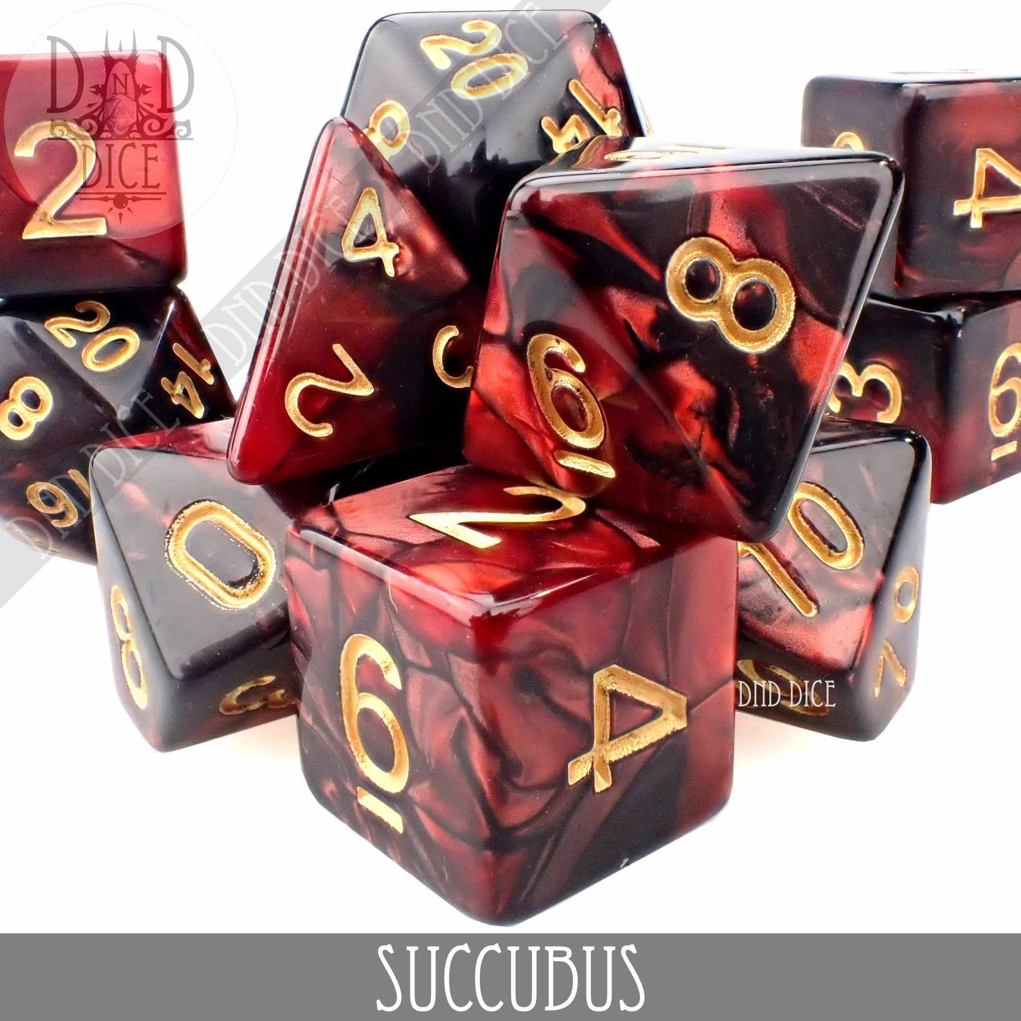 Succubus 7 or 11 red and black marbled DND dice set with gold numbers.