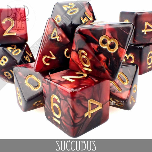 Succubus 7 or 11 red and black marbled DND dice set with gold numbers.