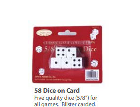 Five 5/8 inch white dice on a red blister card, Classic Game Collection, with dice images in the corners.
