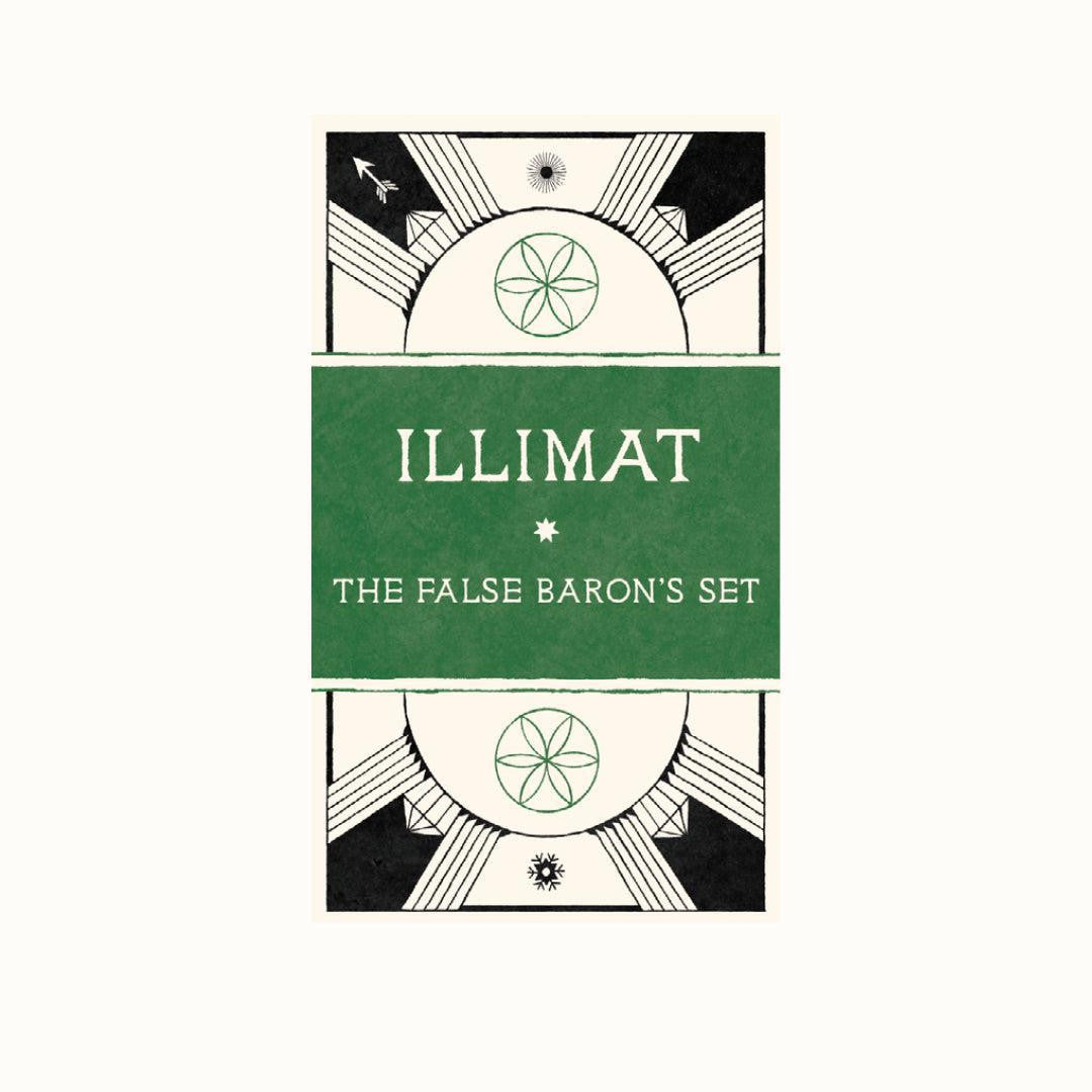 Illimat Expansion The False Baron Set card with white text on green and black-and-white geometric patterns.