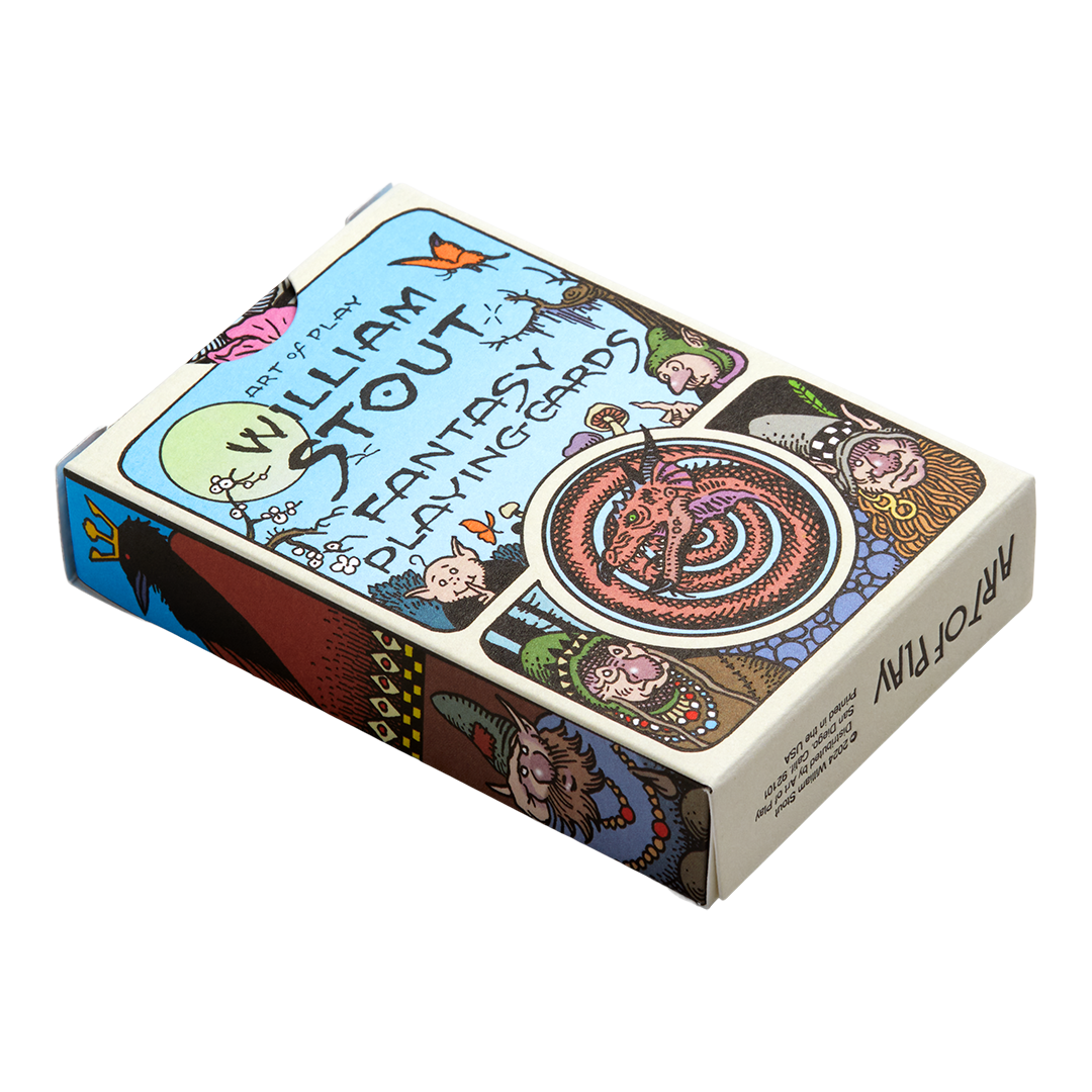 William Stout Fantasy Playing Cards in a box with character art and a circular dragon design.