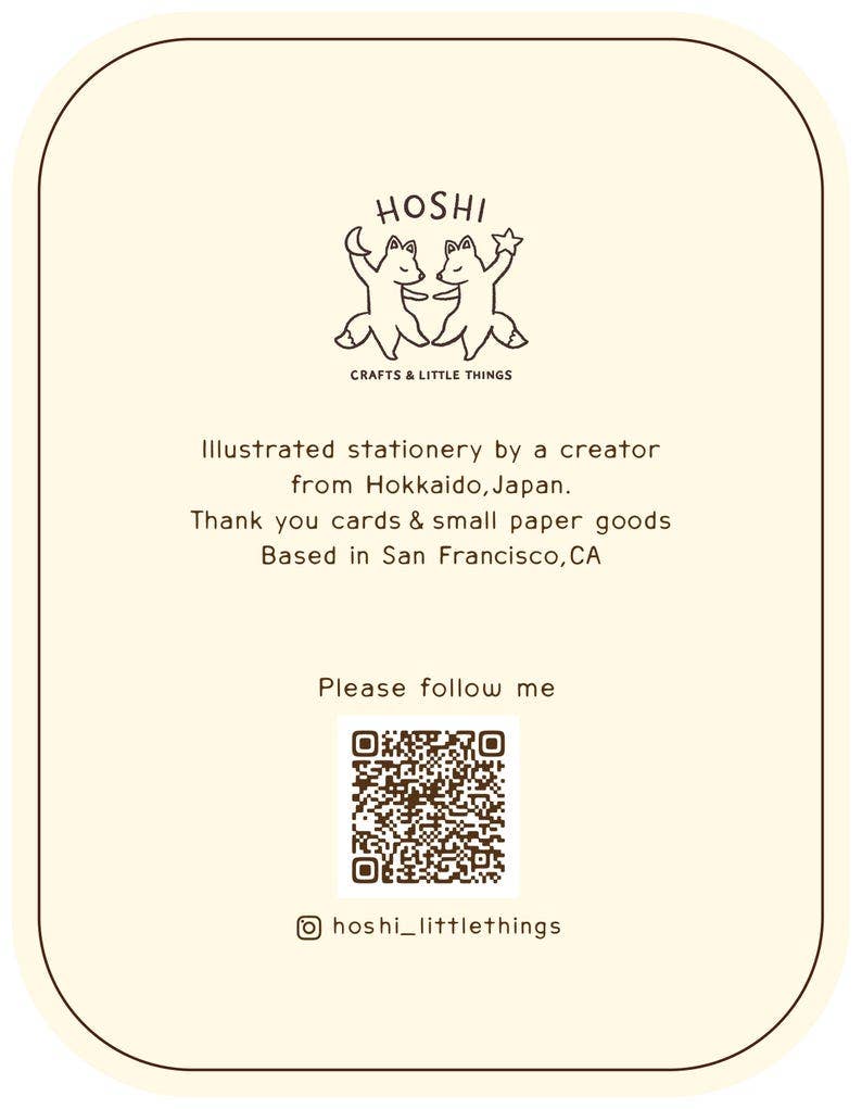 Cream card featuring Japanese Onsen Cat Yuzu Bath art, Hoshi crafts text, and a QR code.