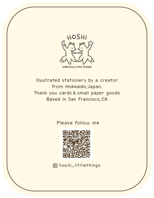 Cream card featuring Japanese Onsen Cat Yuzu Bath art, Hoshi crafts text, and a QR code.