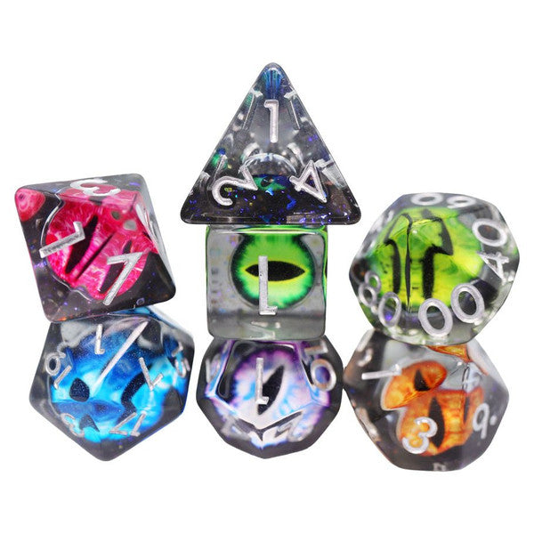 Set of six polyhedral dice with eye designs, labeled as The Collection Dice. Suitable for Dungeons and Dragons.