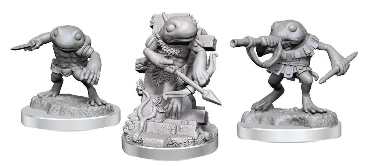 D&D: NMU Grungs W18, set of three armed and armored grung miniatures.