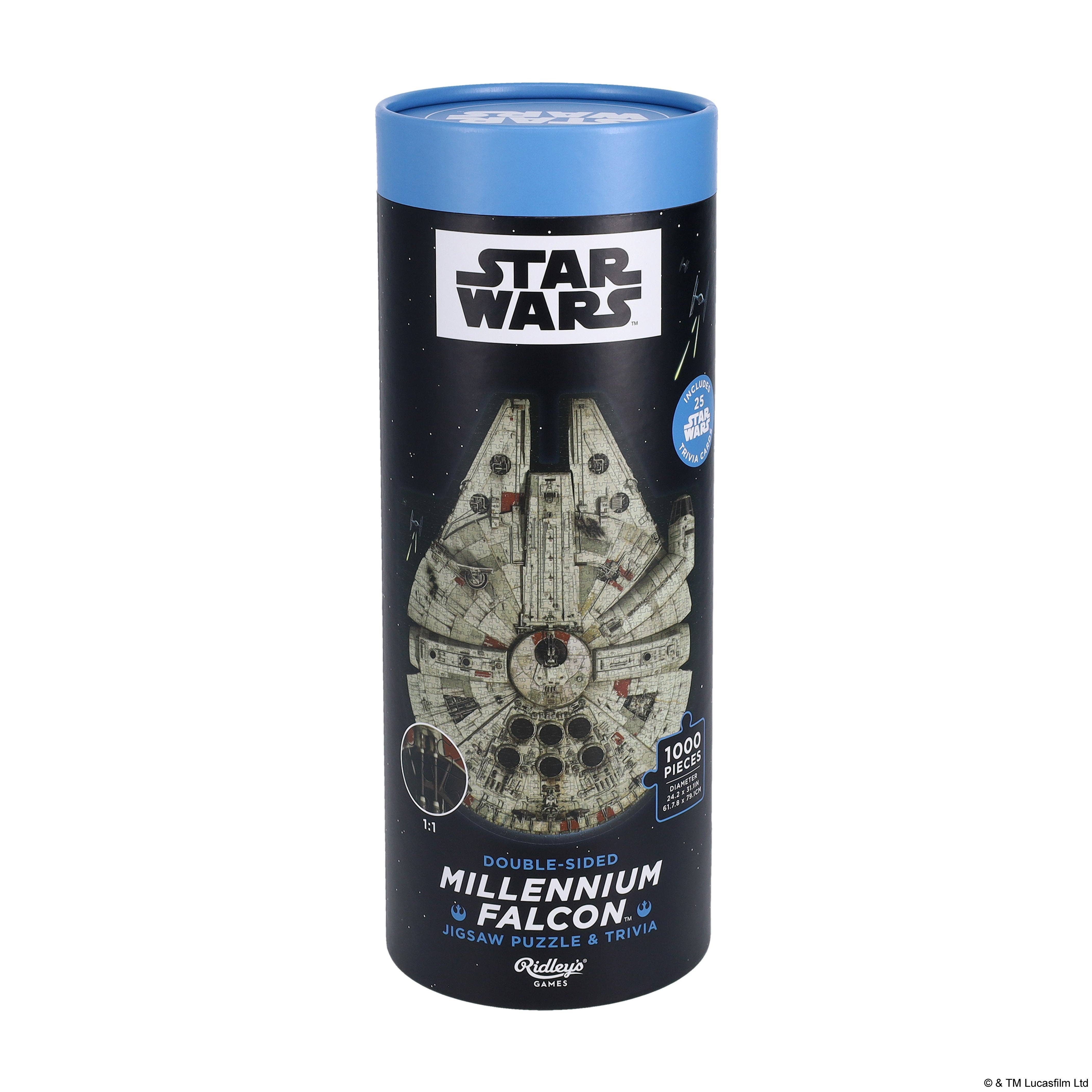 Star Wars Millennium Falcon 1000-piece double-sided puzzle with trivia, in tube packaging with blue lid.