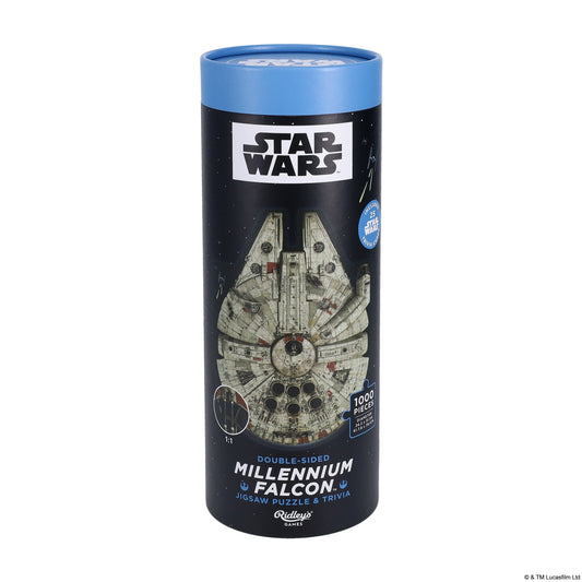 Star Wars Millennium Falcon 1000-piece double-sided puzzle with trivia, in tube packaging with blue lid.