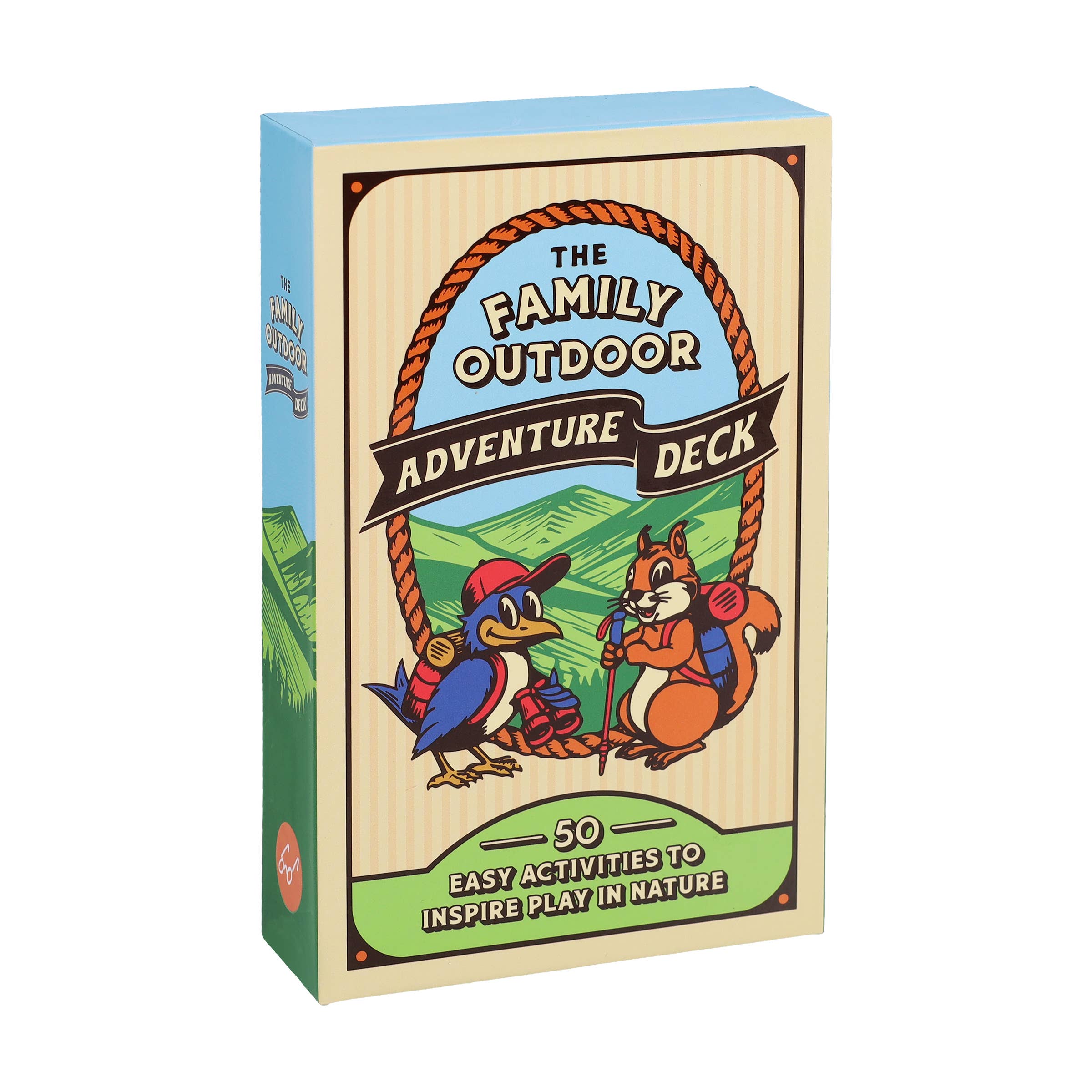 Family Outdoor Adventure Deck activity cards for families, includes cartoon bird and squirrel hiking on packaging.