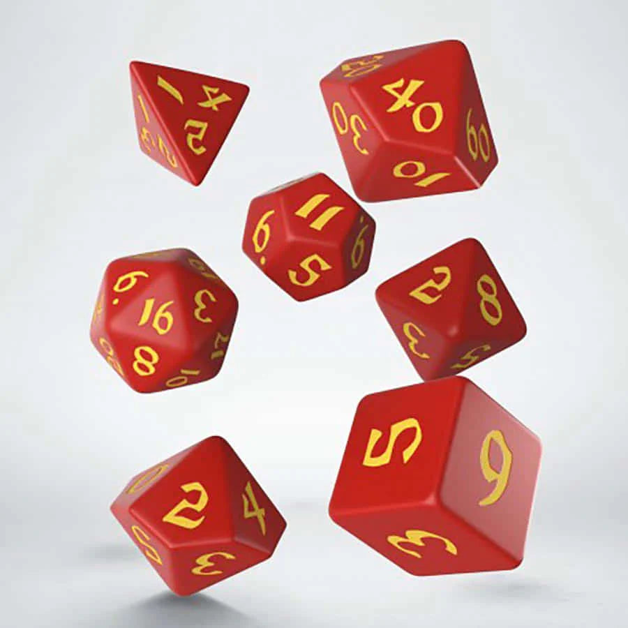 Set of seven Classic Runic Red Yellow dice with yellow numbers.