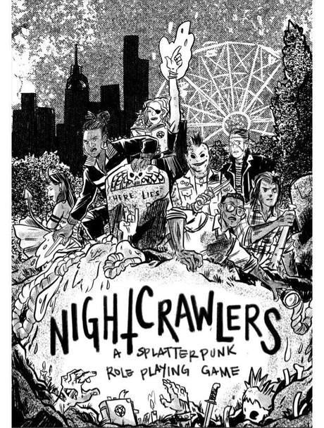 Nightcrawlers product featuring black-and-white punk monsters with supernatural powers in a cityscape.