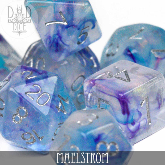 Maelstrom 7-piece set of blue and purple marbled resin polyhedral dice with silver numbers.