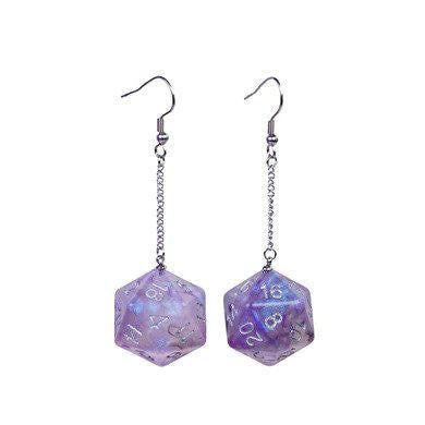 Purple and black D20 Galaxy earrings with 20-sided dice charms on silver chains and hooks.