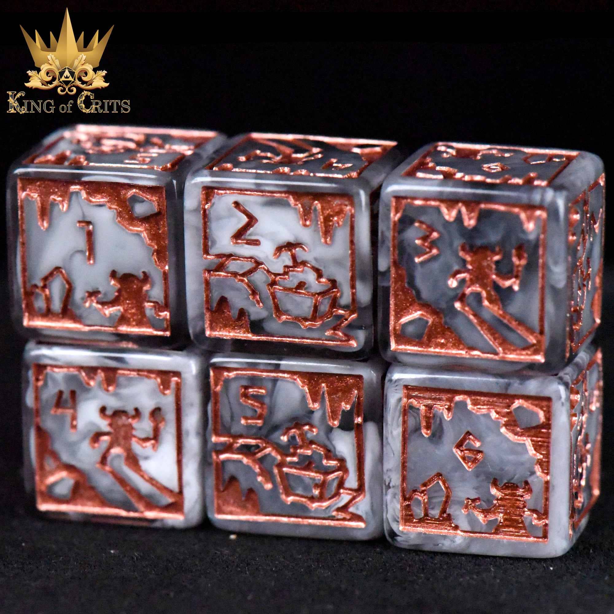 Six marbled copper-engraved dice from the Dwarven Dynasty - 11 Dice Set featuring fantasy art.