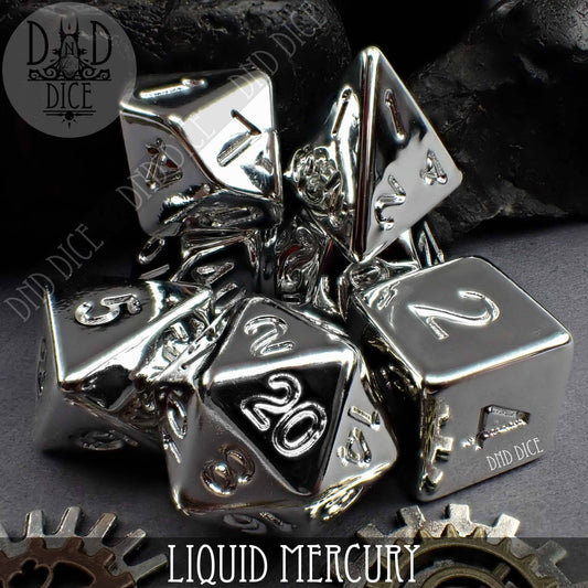 Liquid Mercury 7 Dice Set arranged on a dark surface next to gears.