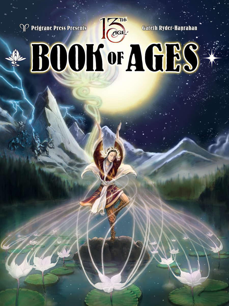 13th Age: The Book of Ages cover featuring a magical woman on water with glowing lotuses and moonlit mountains in the background.