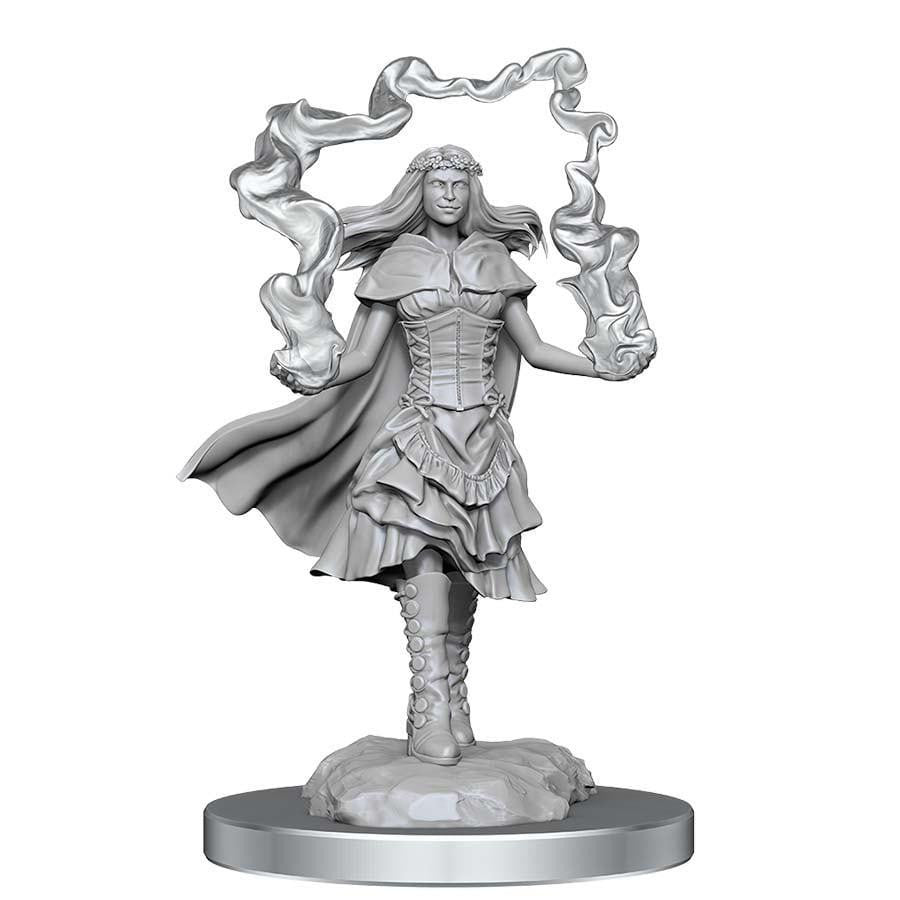 W21 Dark Spellcaster & Flameskulls mini featuring caped female mage with magical fire, Nolzur’s D&D Miniatures.