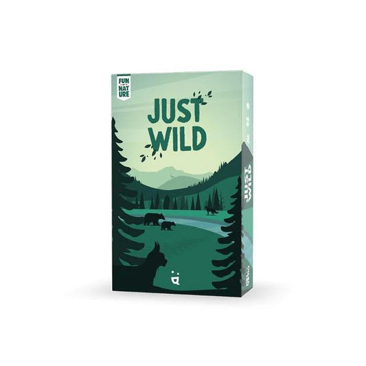 Just Wild board game box featuring a green forest, wolf, trees, and bears with an endangered animal theme.