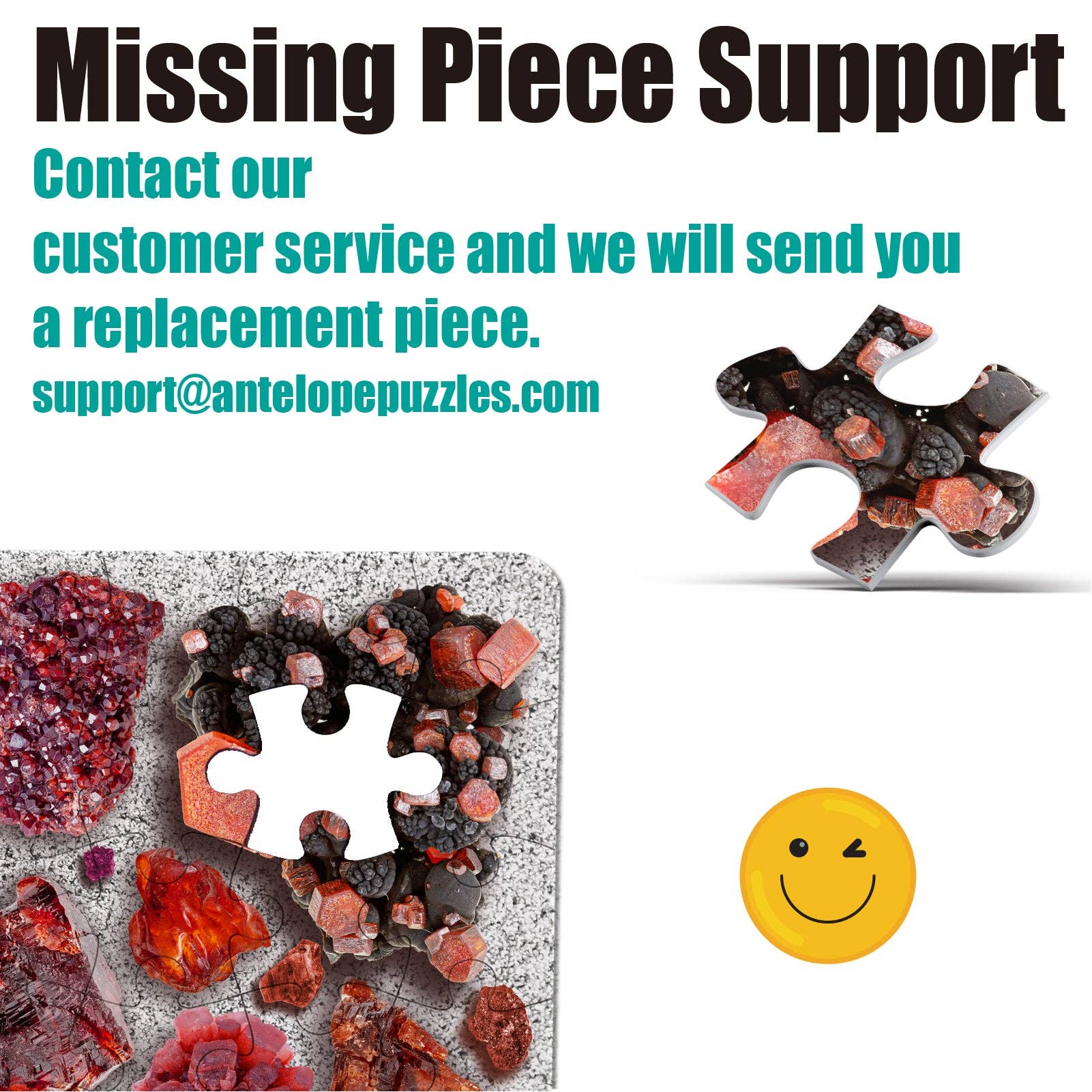 Chromatic Crystals 1000 piece puzzle with information about replacement support for missing pieces.