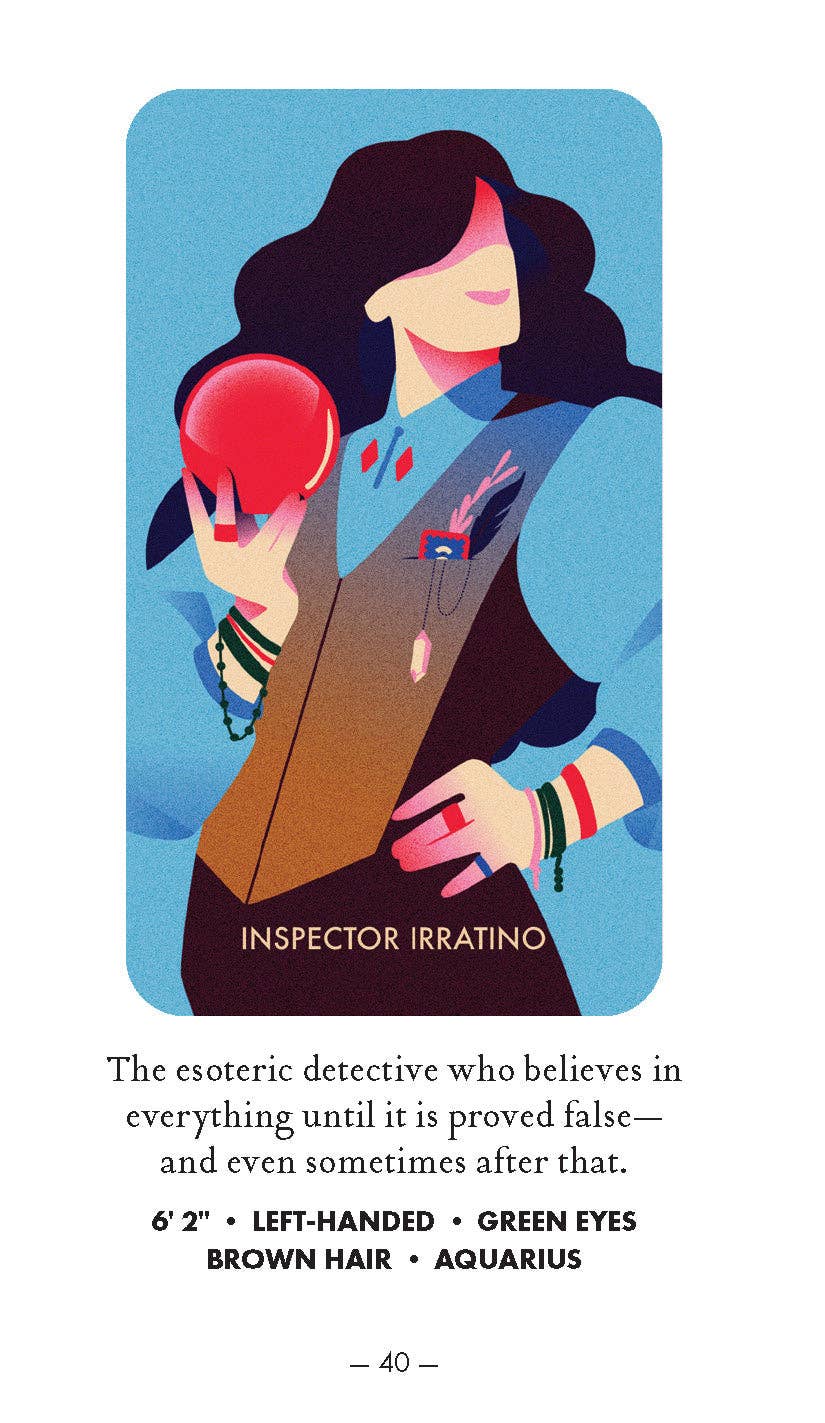 Murdle Oracle Deck card: INSPECTOR IRRATINO; woman in suit holding red orb and tools.
