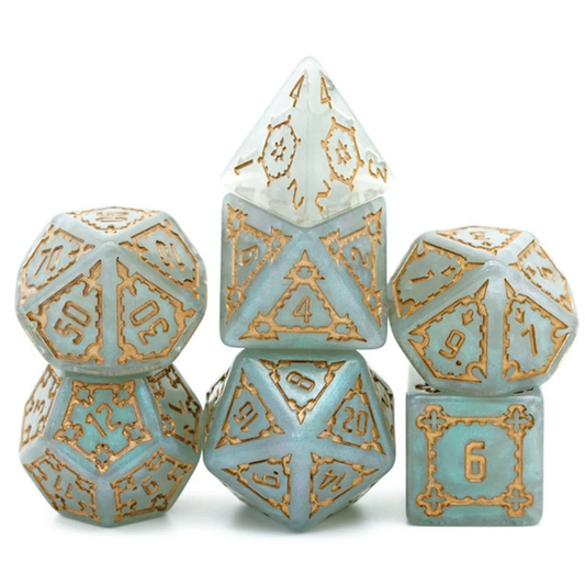 Huge Gray Castle Dice Set 25mm with seven large gray polyhedral dice, intricate designs, and gold numbers.