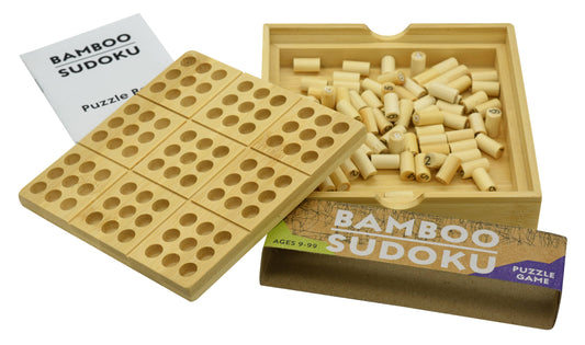 Ecologicals Bamboo Sudoku board game with numbered pegs, instructions, and storage box.