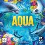 Aqua board game with cover showing dolphins, fish, coral, and AQUA in bold yellow lettering at the center.