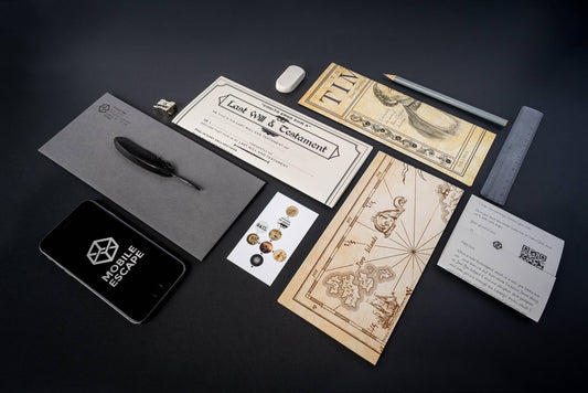 Family Secrets Series: Episode 6 - Quiet As The Grave escape room items including map and cards.