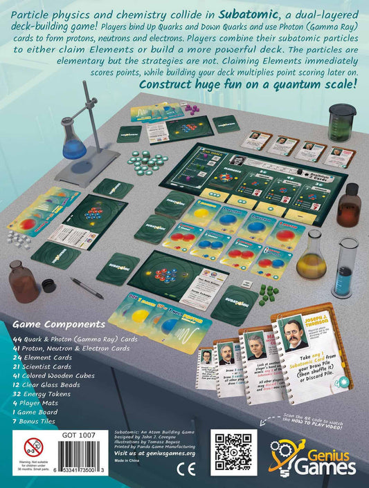 Subatomic board game with game board, cards, and tokens for deck-building using subatomic particles.