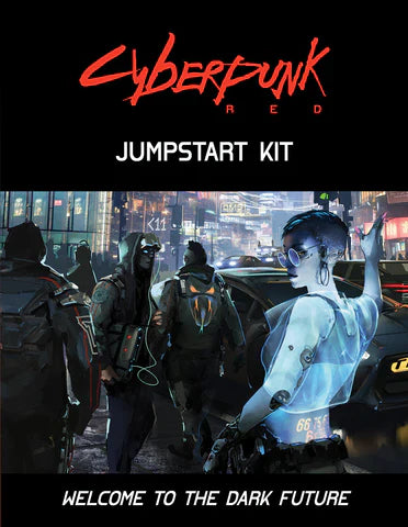 Cyberpunk Red RPG Jumpstart Kit with futuristic cityscape, cyber-enhanced characters, and tabletop game elements.