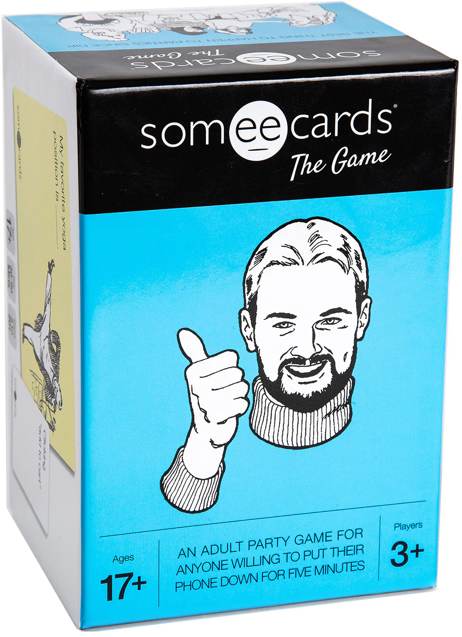 Someecards: The Game adult party game, humor brand edition with cartoon man giving a thumbs up on packaging.