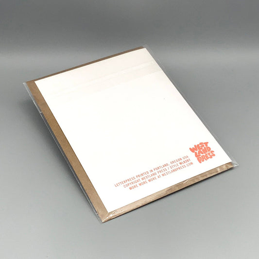 Squeak letterpress note card on cotton paper with brown envelope and orange Westland Press logo at bottom right.