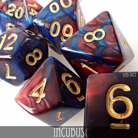 Incubus 7-dice set in red, blue, and gold acrylic.