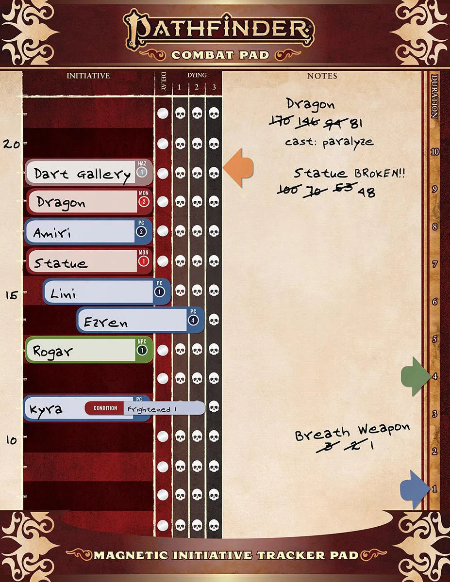 Pathfinder 2nd Edition Combat Pad for tracking initiative, character or dragon names, conditions, and combat notes.