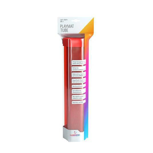 Red playmat tube with white label, shock-resistant, for storing and protecting playmats.