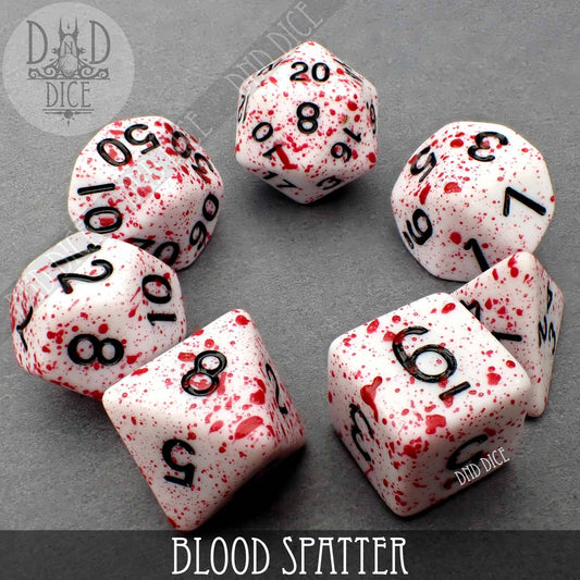 Blood Spatter (Hand-Painted) set: six white acrylic DND dice with black numbers and red splatter.