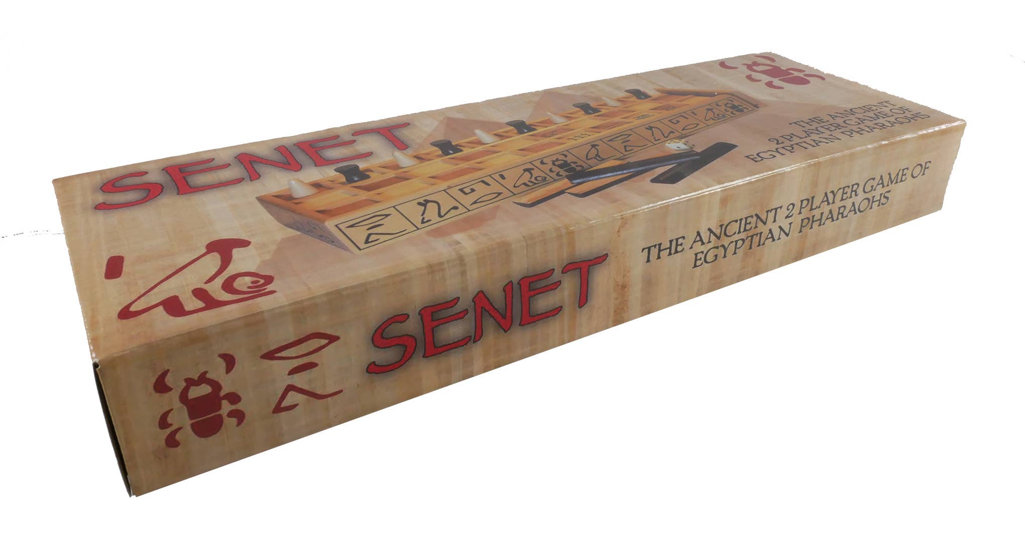Senet board game 21241 in a rectangular box with hieroglyphs; ancient Egyptian origin.
